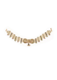 Gold Plated Choker With Multiple Moti Strings And Kundan Polki In Floral And Crescent Shape