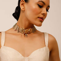 Gold Plated Choker With Multiple Moti Strings And Kundan Polki In Floral And Crescent Shape