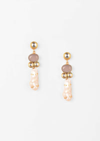 Gold Plated Danglers With An Abstract Shaped Natural Pearl And Grey Semi Precious Stone