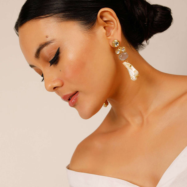 Gold Plated Danglers With An Abstract Shaped Natural Pearl And Grey Semi Precious Stone