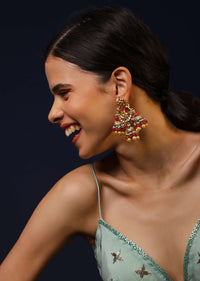 Gold Plated Earrings With Mini Jhumkis Adorned In Pink And Moti Fringes