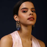 Gold Plated Earrings With Kundan And Dangling Navy Blue Drops And Shaded Blue Bead Fringes