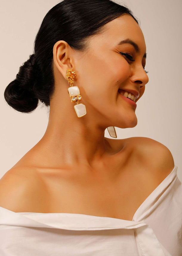 Gold Plated Earrings With Abstract Design And Studded In White Semi Precious Stone