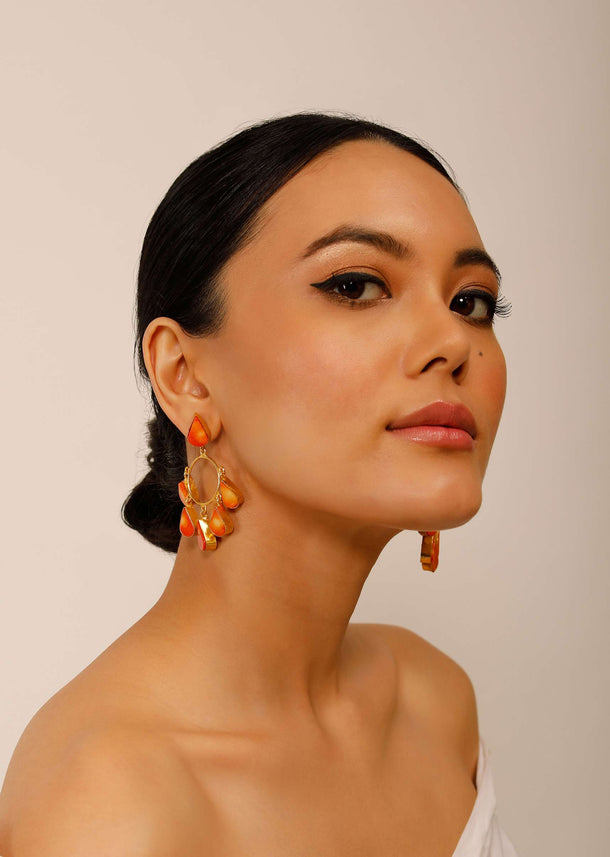 Gold Plated Earrings With Dangling Coral Semi Precious Stone Drops