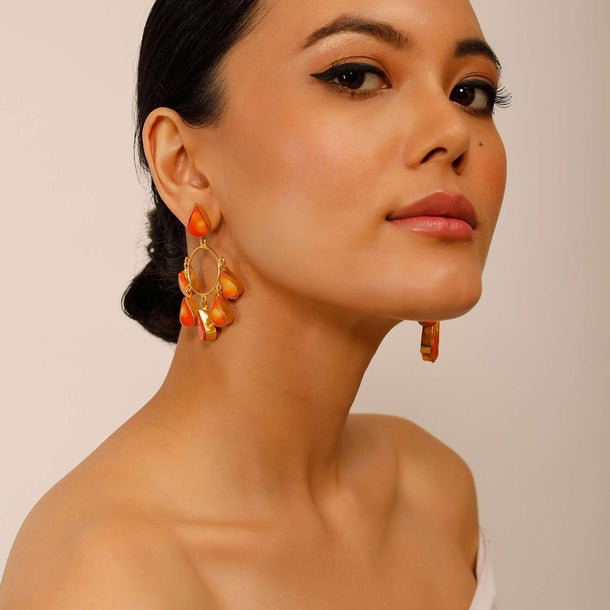 Gold Plated Earrings With Dangling Coral Semi Precious Stone Drops