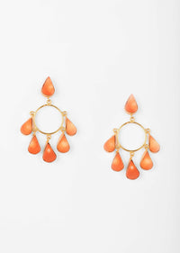 Gold Plated Earrings With Dangling Coral Semi Precious Stone Drops