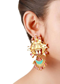 Gold Plated Earrings With Turquoise And Red Stone Work In Ethnic Pattern Made In Sterling Silver By Sangeeta Boochra