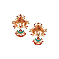 Gold Plated Earrings With Turquoise And Red Stone Work In Ethnic Pattern Made In Sterling Silver By Sangeeta Boochra