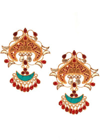 Gold Plated Earrings With Turquoise And Red Stone Work In Ethnic Pattern Made In Sterling Silver By Sangeeta Boochra