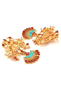 Gold Plated Earrings With Turquoise And Red Stone Work In Ethnic Pattern Made In Sterling Silver By Sangeeta Boochra