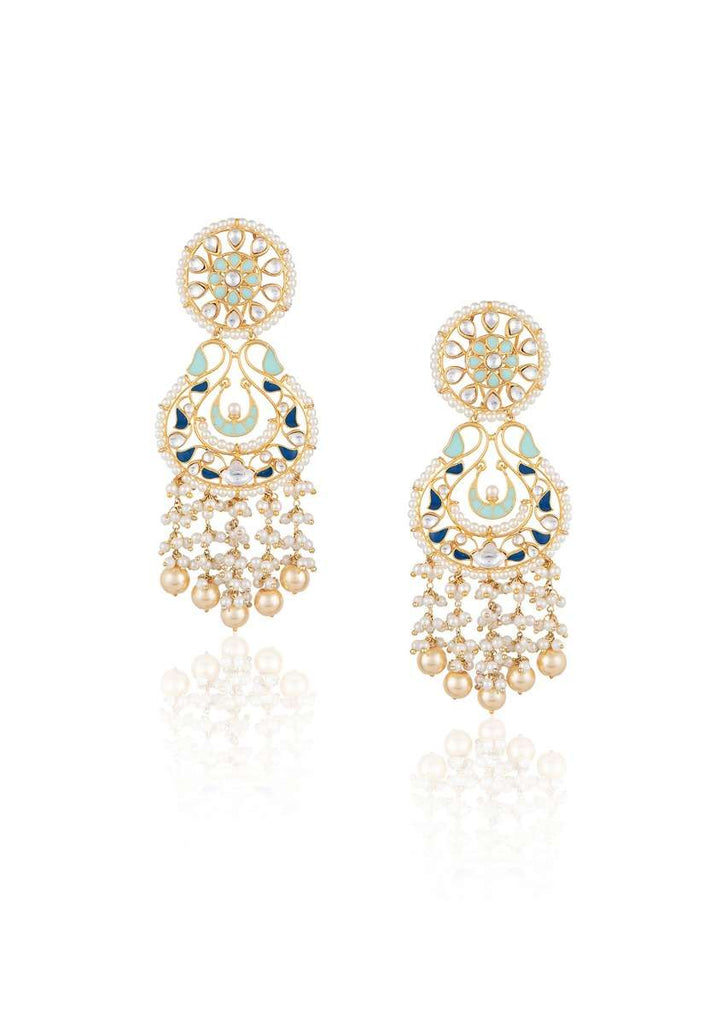 Gold Plated Ethnic Earrings With Dark Blue And Turquoise Enamelling, Kundan And Pearls By Aster