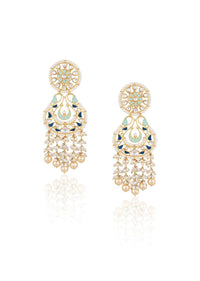 Gold Plated Ethnic Earrings With Dark Blue And Turquoise Enamelling, Kundan And Pearls By Aster