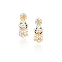 Gold Plated Ethnic Earrings With Dark Blue And Turquoise Enamelling, Kundan And Pearls By Aster