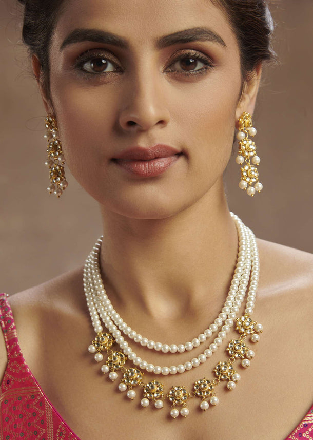 Gold Plated Freshwater Pearls And Kundan Necklace Set