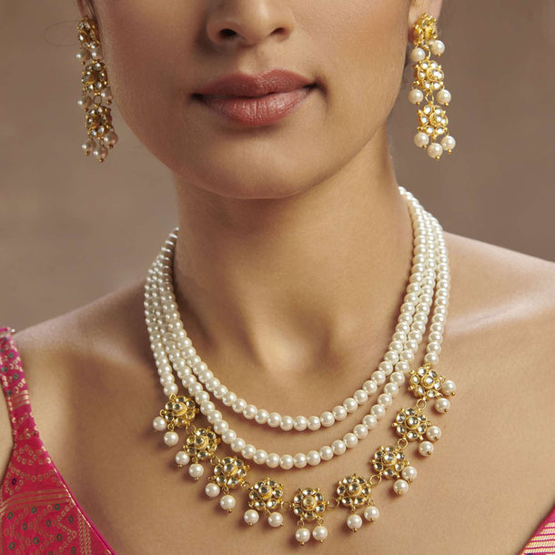 Gold Plated Freshwater Pearls And Kundan Necklace Set