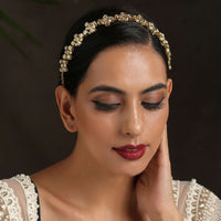 Gold Plated Headband With Kundan And Shell Pearls In Floral Motifs By Paisley Pop