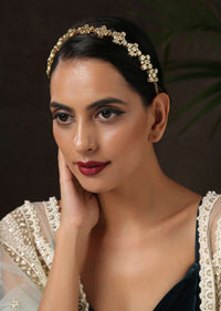 Gold Plated Headband With Kundan And Shell Pearls In Floral Motifs By Paisley Pop