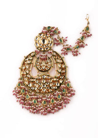 Gold Plated Heavy Bridal Chandbali Earrings Studded In Kundan Polki And Green Drops