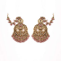Gold Plated Heavy Bridal Chandbali Earrings Studded In Kundan Polki And Green Drops