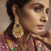 Gold Plated Kundan Chandbalis Adorned With Pearls