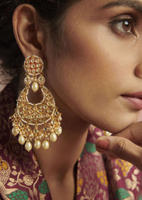 Gold Plated Kundan Chandbalis Adorned With Pearls
