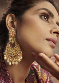 Gold Plated Kundan Chandbalis Adorned With Pearls