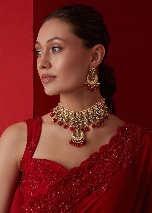 Gold Plated Kundan Necklace Set With Red Stones