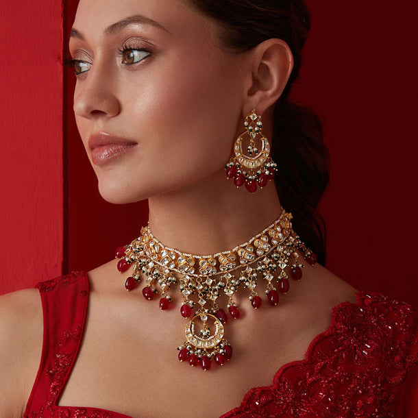 Gold Plated Kundan Necklace Set With Red Stones