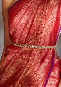 Gold Plated Kundan And Pearls Waist Belt With Pearls And Shells In Silver Alloy