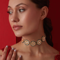 Gold Plated Kundan Choker Necklace With Floral Motifs