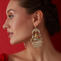 Gold Plated Kundan Jhumkas With Pearls In Silver Alloy