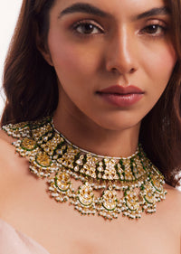 Gold Plated Kundan Polki Green Bead Choker