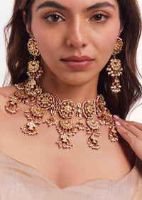 Gold Plated Kundan Studded And Dangling Beads Choker Necklace Set