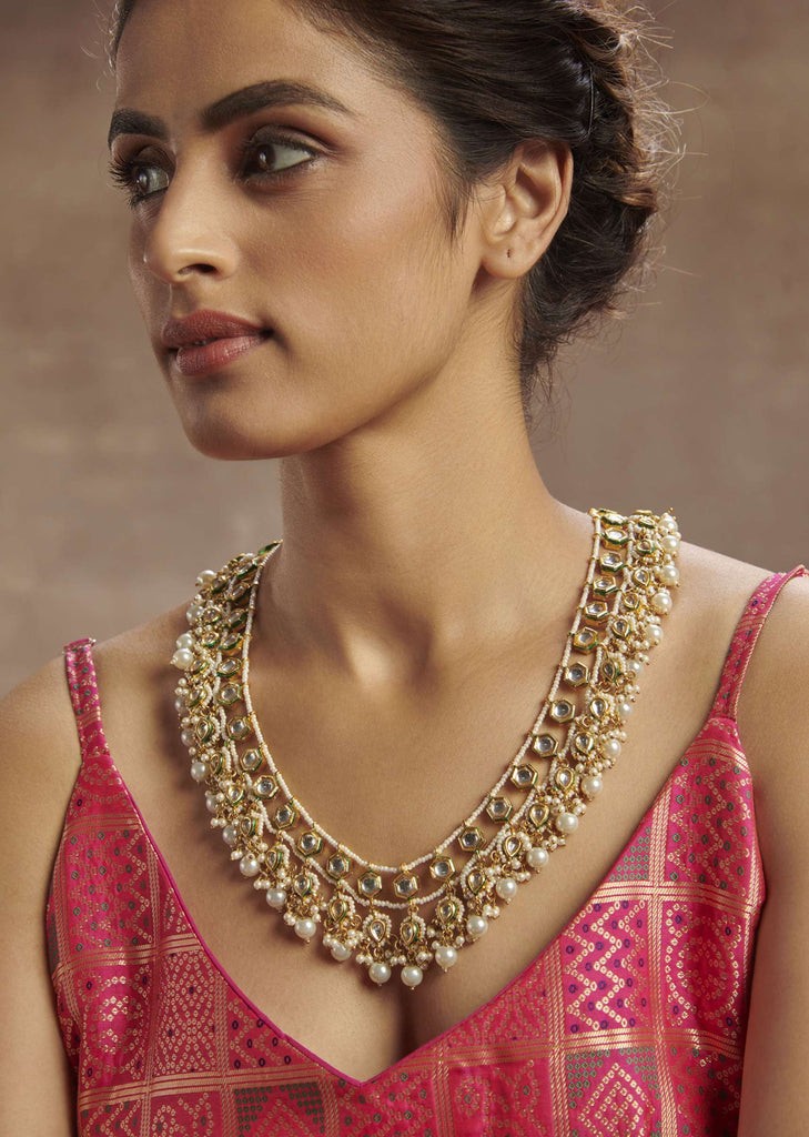 Gold Plated Layered Pearl And Kundan Necklace