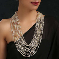 Gold Plated Long Layered Necklace With Pearl Detailing