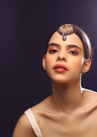 Gold Plated Mangtika With Crescent Kundan, Amethyst Drop And Dangling Pink And Purple Beads