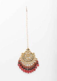 Gold Plated Mangtika With Kundan Polki And Dangling Crimson Bead Fringes