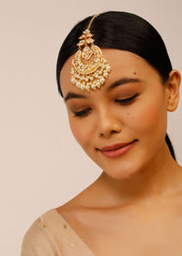 Gold Plated Mangtika With Kundan Polki In Crescent Motif And Pearls