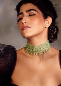 Gold Plated Mint Green Choker Necklace In Silver Alloy