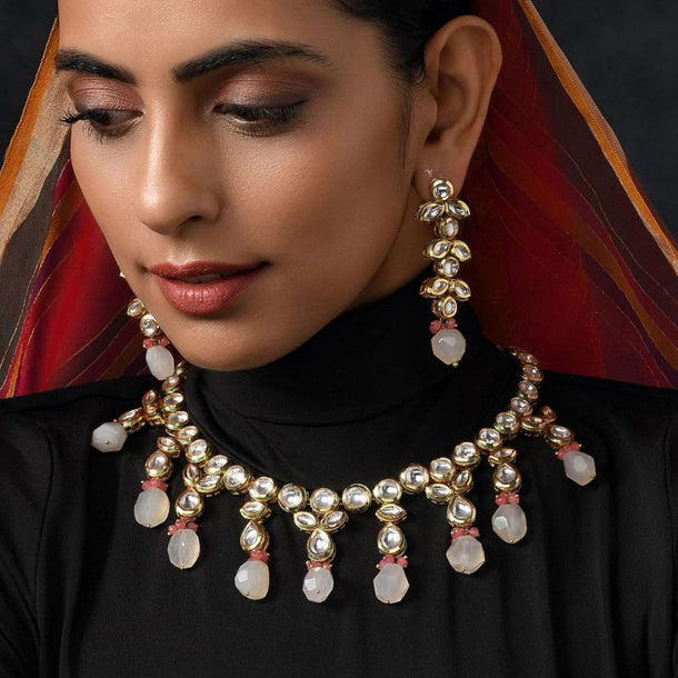 Gold Plated Necklace And Earrings Set Handcrafted With Kundan Work