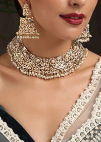 Gold Plated Necklace And Earrings Set With Pearls And Semi Precious Stones In Jadau Inspired Design