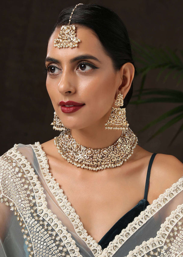 Gold Plated Necklace And Earrings Set With Pearls And Semi Precious Stones In Jadau Inspired Design