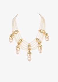 Gold Plated Necklace With Fish And Crescent Kundan Motifs Linked With Pearl Strings