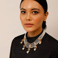 Gold Plated Necklace With Fish And Crescent Kundan Motifs Linked With Pearl Strings