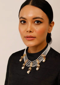 Gold Plated Necklace With Fish And Crescent Kundan Motifs Linked With Pearl Strings