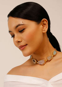 Gold Plated Necklace With Multi Colored Semi Precious Uncut Stones