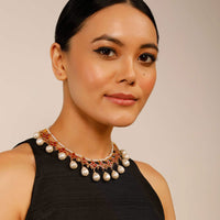 Gold Plated Necklace With Rani Pink Four Petal Flowers And Baroque Drops