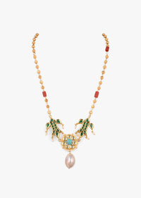 Gold Plated Necklace With Turquoise Stone Studded Kundan Pendant And Dangling Baroque Pearl