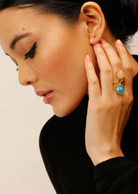 Gold Plated Ring With White And Blue Semi Precious Stones