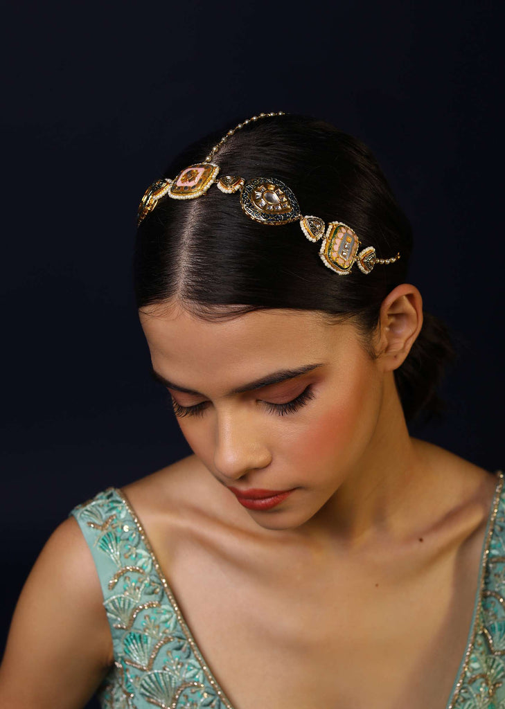 Gold Plated Sheesh Phool With Kundan Work And Minakari Detailing In Pink And Blue Hue